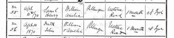 Register of Births 1870 - Frederick John Pillinger and Samuel Henry Pillinger