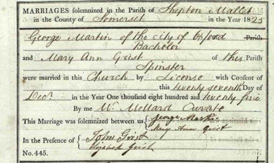 Marriage certificate George Martin and Mary Ann Grist