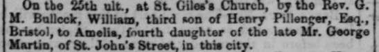 Oxfor Chronicle announcement - marriage of William Pilllinger and Amelia Martin