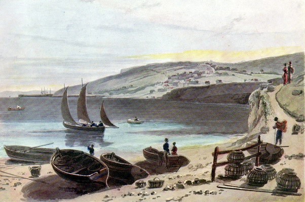 Aquatint of Lyme Regis from Charmouth Beach by William Daniell, R.A.
