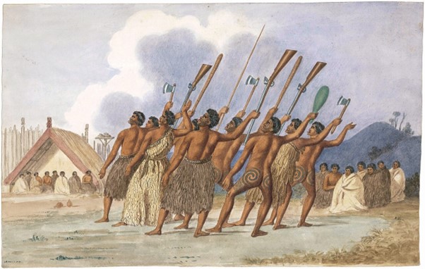 A picture of Maori's performing a Haka painted by Joseph Jenner Merrett, 1816-54