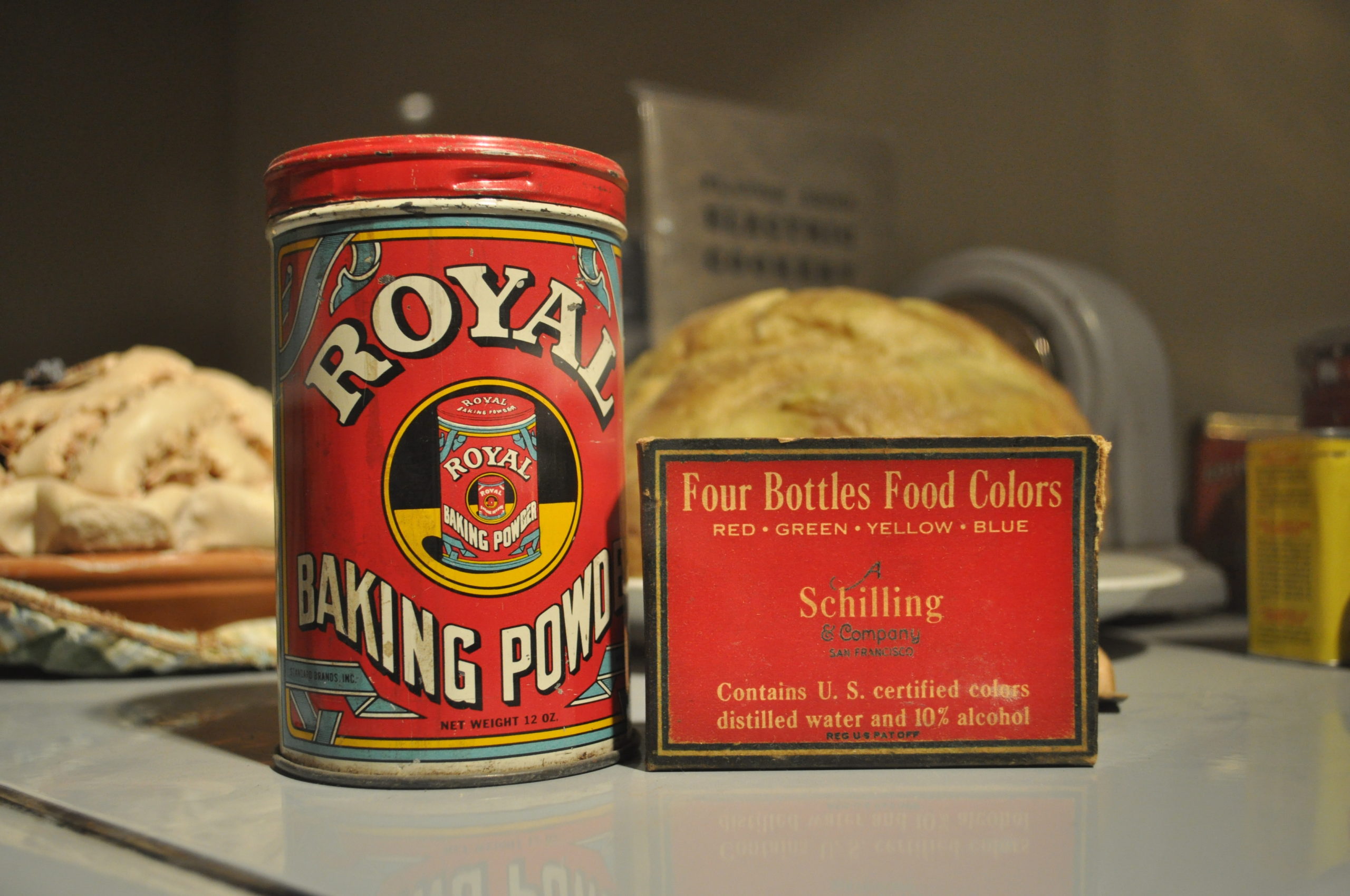 Royal Baking Powder and Schilling Food Coloring, early to mid 20th century, photographed at Edmonds Historical Museum, Edmonds, Washington, USA.