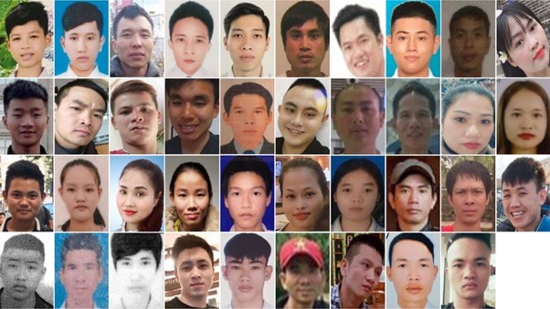 Faces of 39 Voietnamese people who died in a trafficking incident in Essex in 2019.