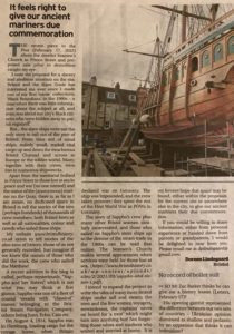 Letter to the Bristol Evening Post from DP Lindegaard titled "It feels right to give ou ancient mariners due commemoration"
