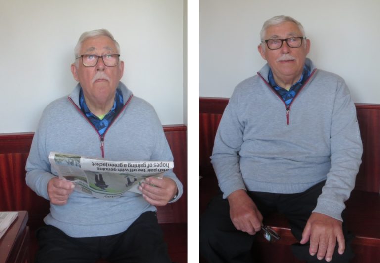 Norman aka"George" Lindegaard - before and after shots. The first looking up from his newspaper looking miserable and the second looking happy.