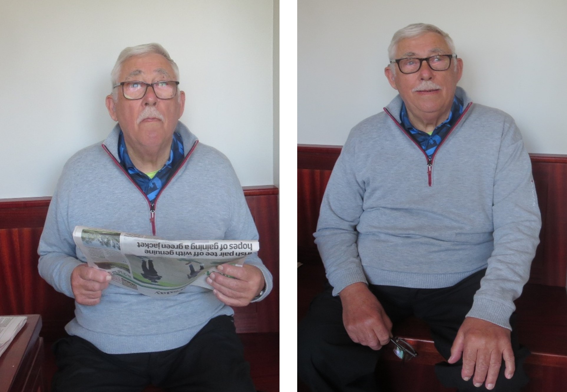 Norman aka"George" Lindegaard - before and after shots. The first looking up from his newspaper looking miserable and the second looking happy.