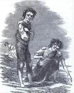 Black and white etching of a scene at Skibbereen during the Great Famine by Cork artist, James Mahony showing a starving boy and a girl looking for food 