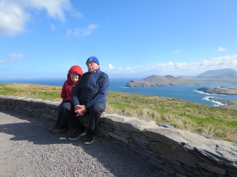 DP Lindegaard and Norman aka "George" Lindegaard sat on a wall huddled together on a sunny day atop Valentia Island in Kerry.