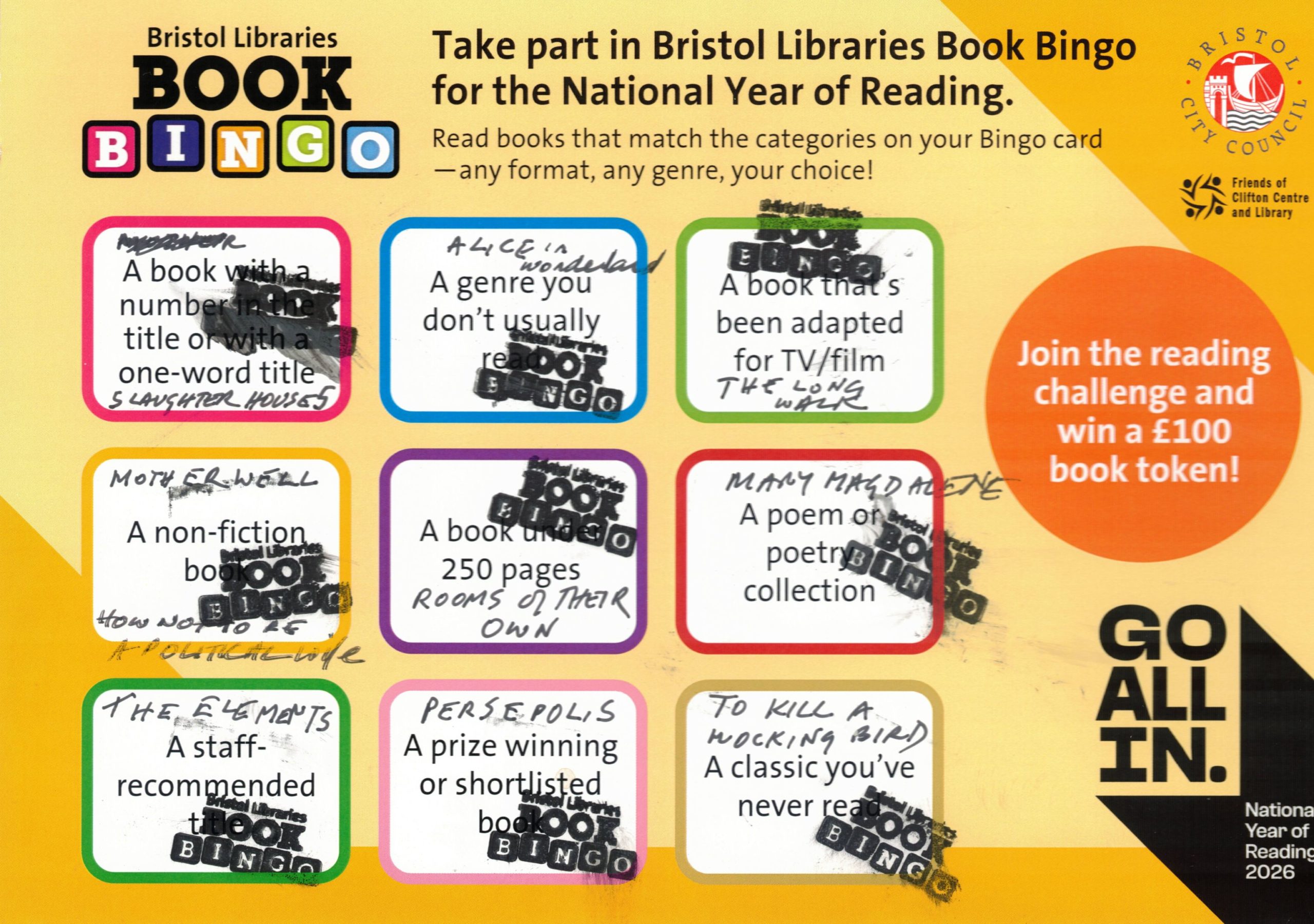 Bristol Libraries Book Bingo leaflet with stamps showing which books were read by DP Lindegaard